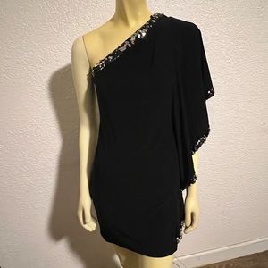 Black sequin trimmed one sleeved formal poncho mini dress
